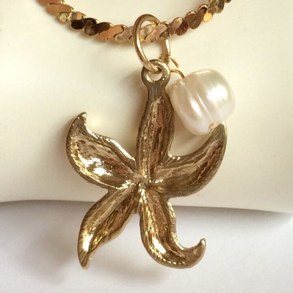 Starfish Pearl Necklace 23" Gold Plated Sea life Island Freshwater White - Picture 7 of 10